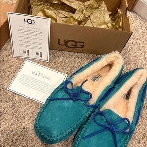 UGG Turquoise Suede Moccasins with Cream Lining